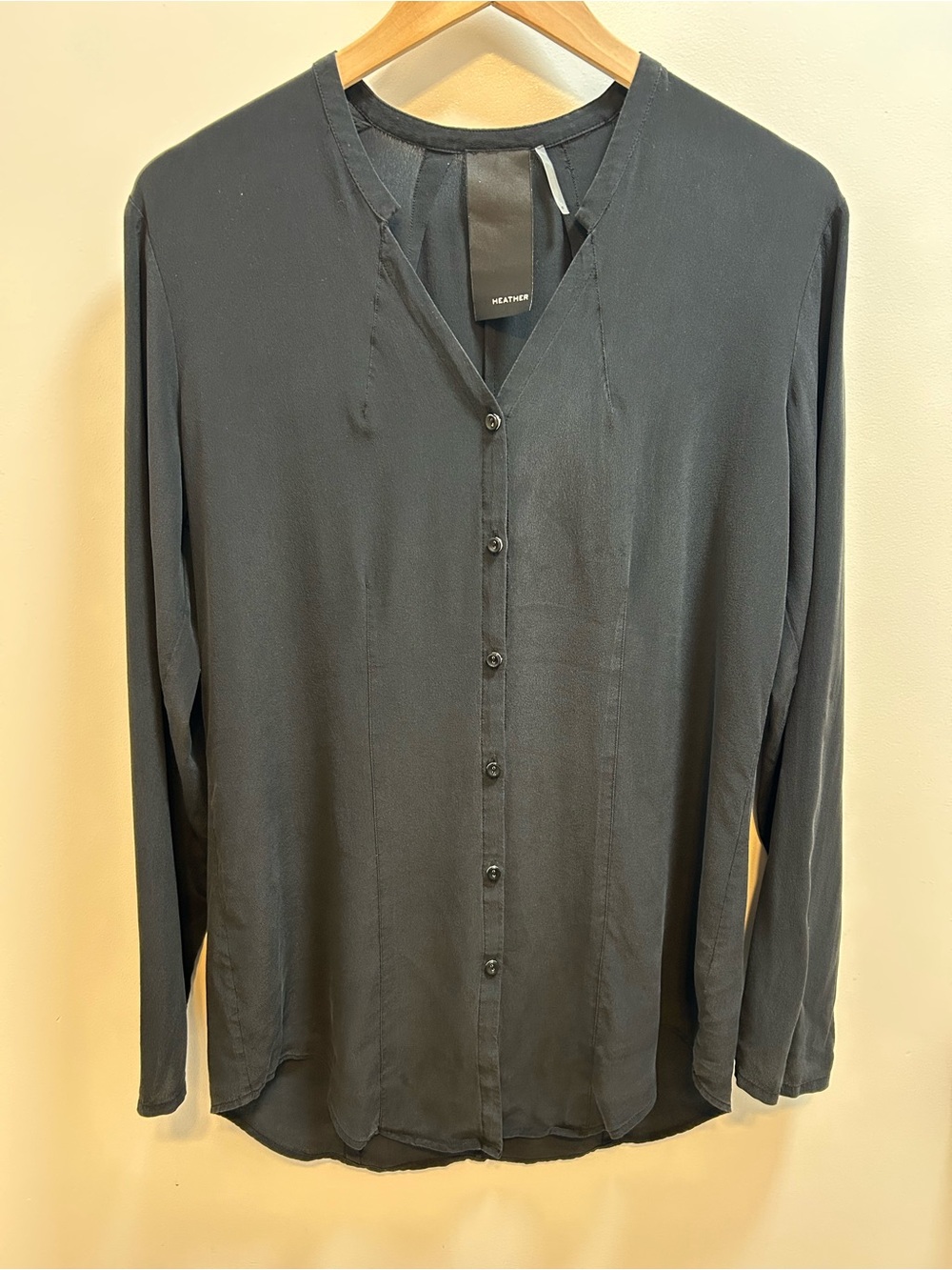 Revolve Heather black 100% silk long sleeve button front shirt women’s size